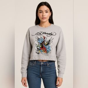 Ed Hardy Cropped Sweatshirt Gray Tattoo Graphic XL